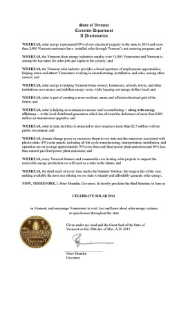 Governor Shumlin declares Celebrate Solar Day in Vermont